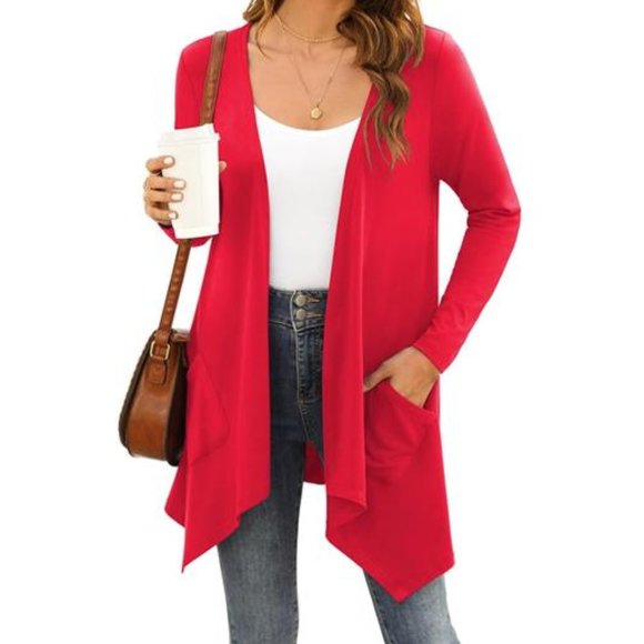 Red Cardigan With Pockets Large Lightweight Sweater Womens Fashion Fall Trends - Picture 1 of 4